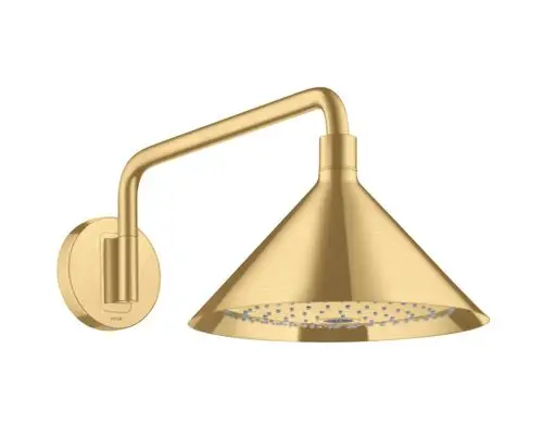Wandmontierte Dusche mit konisch geformtem Kopf in gebürstetem Gold. Das Design zeigt eine hohe, glatte Oberfläche, montiert an einem runden Wandhalter von AXOR.